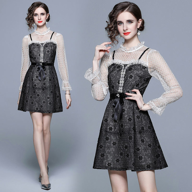 氣質收腰高級感復古小個子長袖洋裝女