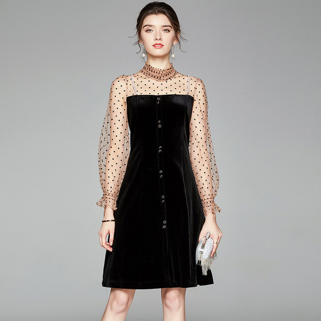 赫本風立領長袖釘珠紗網點點波拼接金絲絨a字裙洋裝