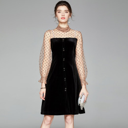 赫本風立領長袖釘珠紗網點點波拼接金絲絨a字裙洋裝