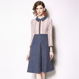 歐洲站高檔成熟A字裙長袖娃娃領蕾絲拼接洋裝