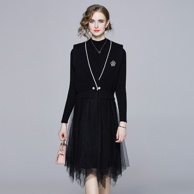 歐美修身釘珠馬甲針織+網紗拼接兩件式裙子