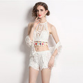 性感度假沙灘海邊 流蘇手鉤水溶蕾絲小衫短褲三件式_1