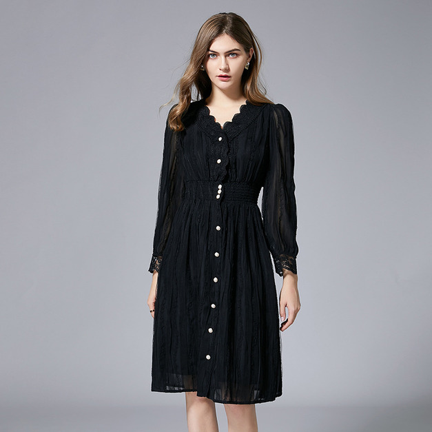 蕾絲洋裝 歐洲站法式宮廷風鬆緊腰開衫式外套V領裙