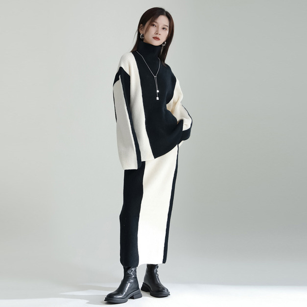 黑白撞色拼接毛衣半身裙高領長袖針織上衣兩件式