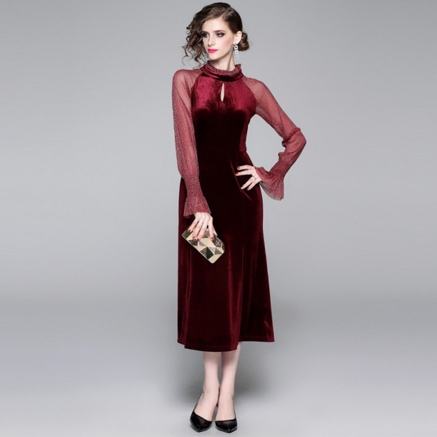 歐洲立領露肩亮絲紗網拼接喇叭袖絲絨洋裝