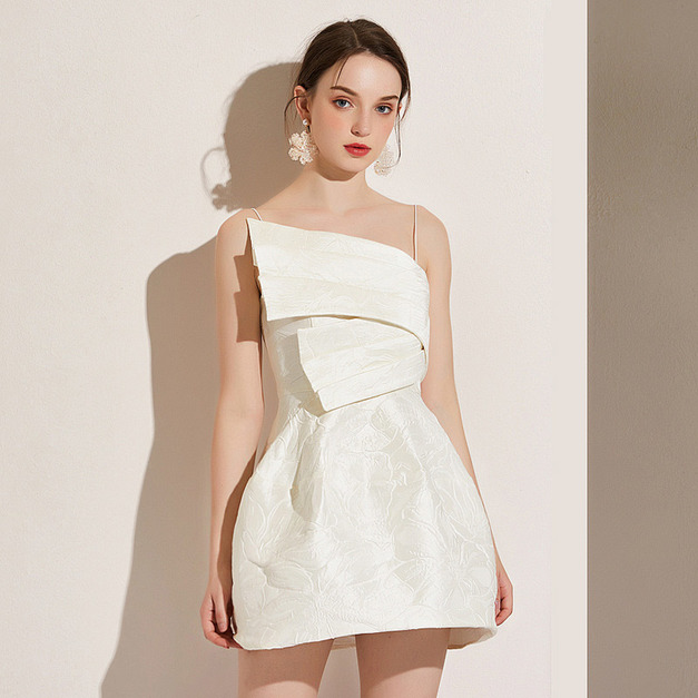 立體感氣質性感白色提花紋吊帶洋裝小禮服公主裙