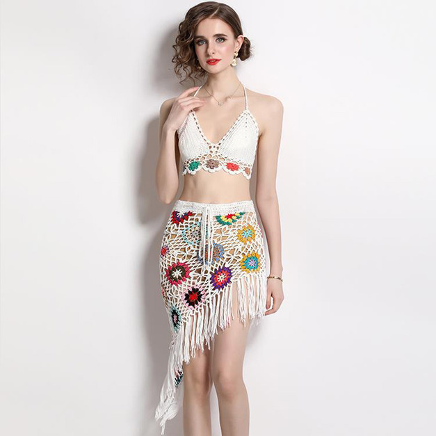 歐美性感氣質勾花刺繡吊帶套裝沙灘包臀裙兩件式