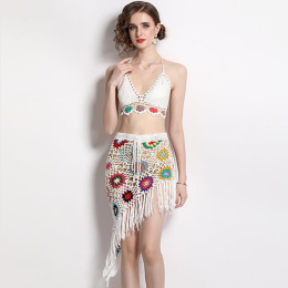 歐美性感氣質勾花刺繡吊帶套裝沙灘包臀裙兩件式