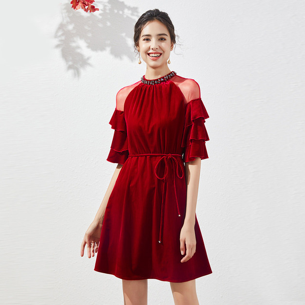 經典手工釘珠圓領絲絨洋裝拼接透視網紗a字裙