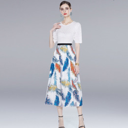 時尚洋氣氣質鏤空針織衫+印花百褶半身裙兩件式