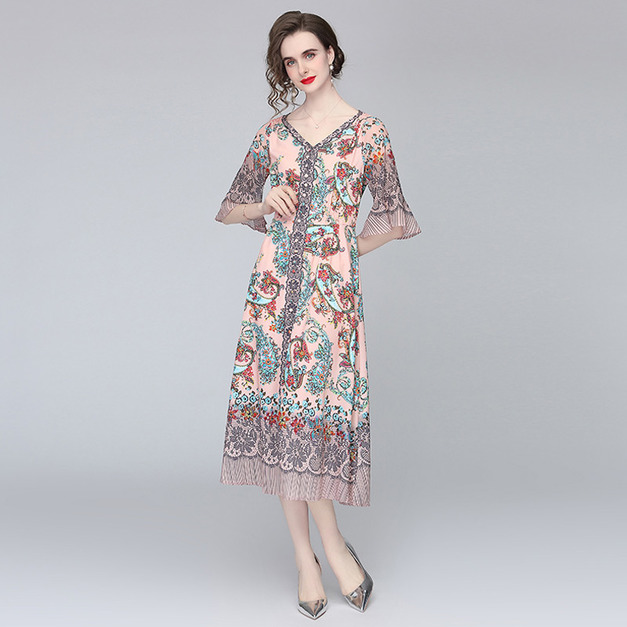 歐洲雪紡洋裝中長版花色寬鬆大擺裙子