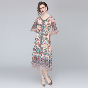 歐洲雪紡洋裝中長版花色寬鬆大擺裙子