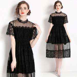 氣質蕾絲拼接網紗收腰顯瘦短袖長裙洋裝