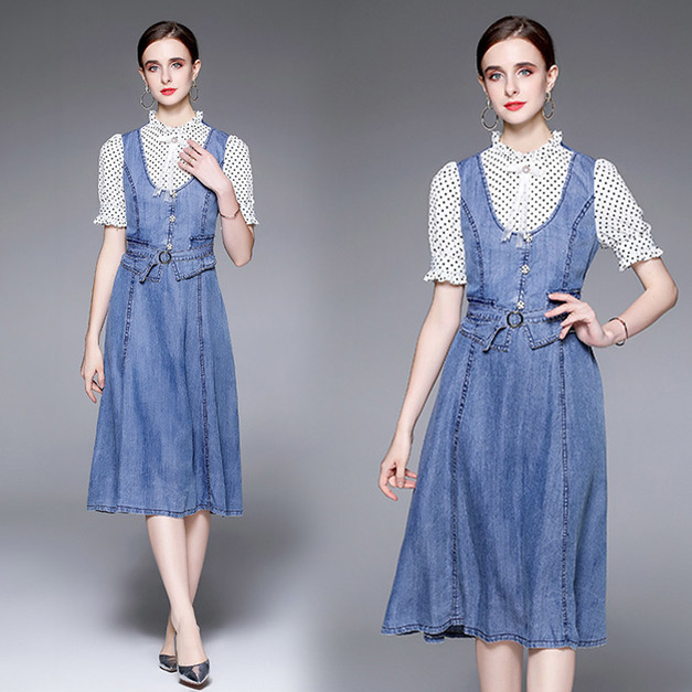 歐洲站花瓣袖點點波拼接牛仔中長版洋氣假兩件式