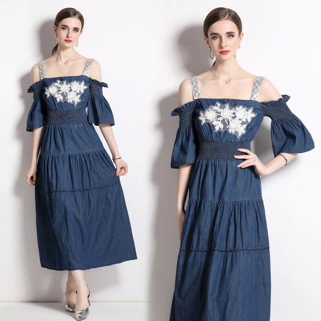 歐洲站牛仔一字肩短袖露肩性感吊帶長裙及踝