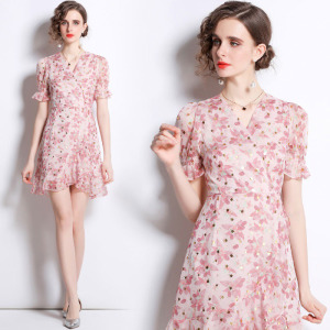 歐洲站碎花短袖v領茶歇桔梗長裙法式抽繩包臀裙子