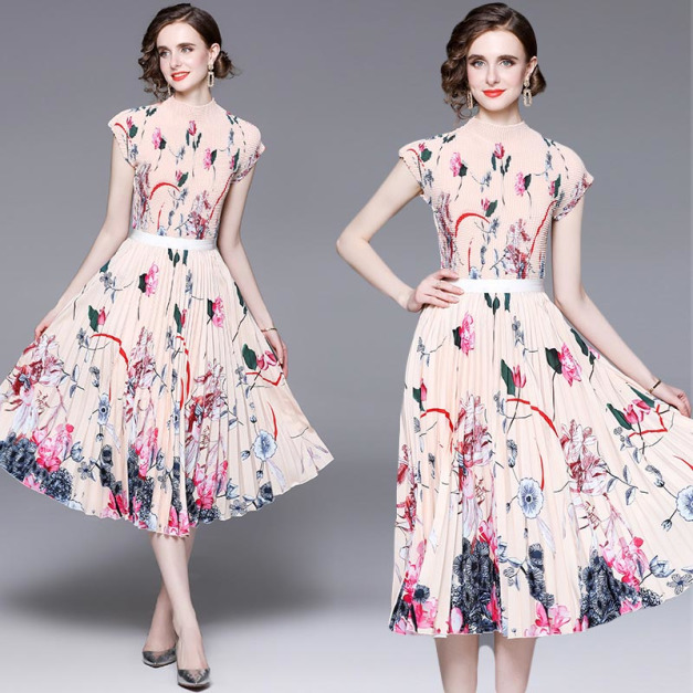 洋氣印花短袖中長版鬆緊腰三宅皺褶時尚兩件式