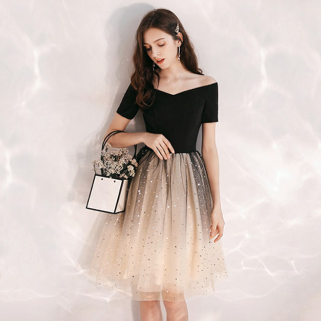 法式小晚禮服一字肩星空漸變短版氣質平日可穿