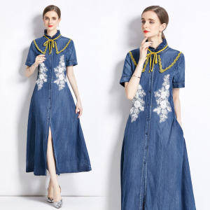 牛仔薄版腰帶收腰短袖氣質牛仔裙長裙洋裝