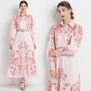 歐洲度假風立領燈籠袖長版時尚印花洋裝有腰帶