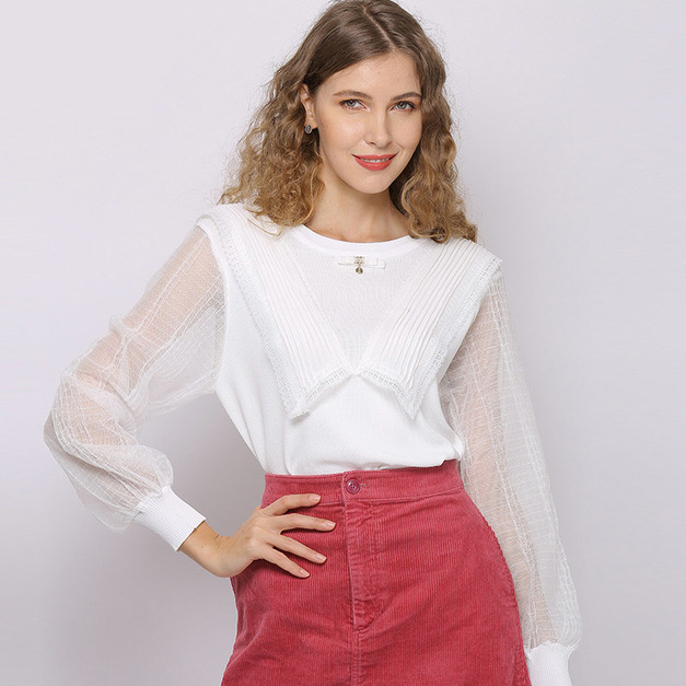 套頭針織衫圓領上衣拼接蕾絲長袖百搭打底衫