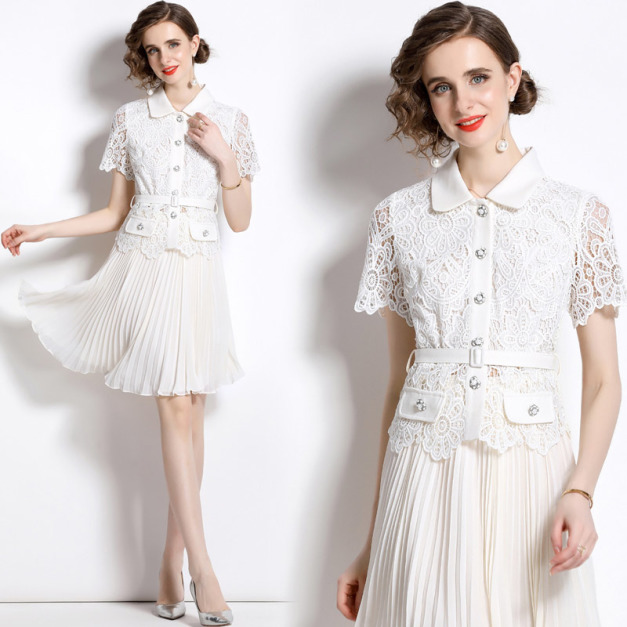 名媛小個子蕾絲立領短袖上衣褶皺半身裙時尚套裝