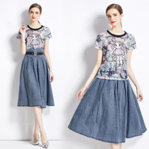 時尚潮流減齡裙子兩件式圓領印花短袖T恤半身裙套裝