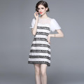 氣質圓領泡泡袖釘鑽拼接橫條紋蕾絲A字洋裝_1