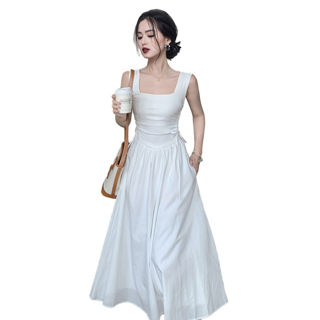 茶歇法式赫本風無袖收腰背帶氣質長裙