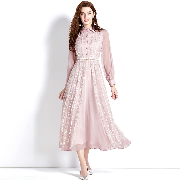 設計感禮服法式名媛長袖喬其紗刺繡長裙