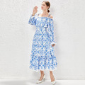 法式度假風優雅青花瓷印花長裙一字肩燈籠袖洋裝_1