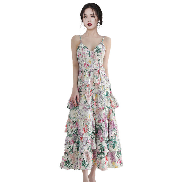 優雅單排扣吊帶裙時尚印花荷葉邊大擺裙洋裝
