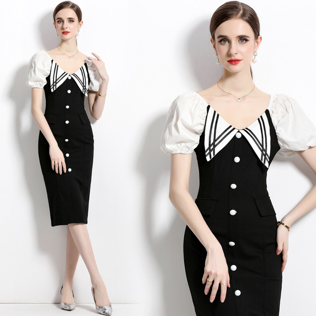 法式溫柔風氣質泡泡袖性感名媛修身一字肩洋裝