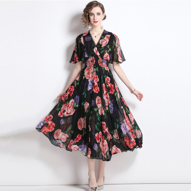 鬆緊腰荷葉邊短袖V領花朵印花雪紡洋裝