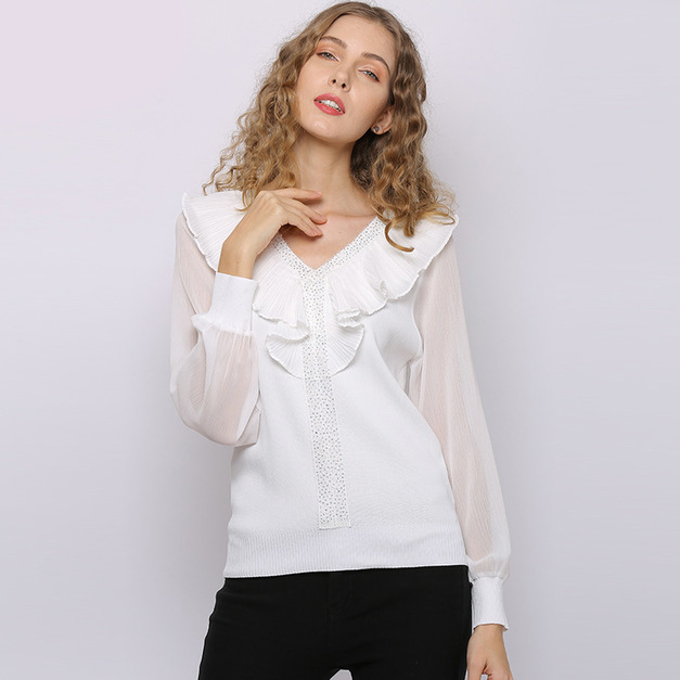 蕾絲袖拼接荷葉邊針織素色套頭顯瘦針織衫
