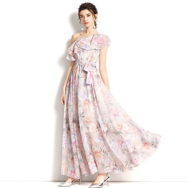 歐美性感露肩荷葉邊甜美雪紡大擺裙長裙洋裝