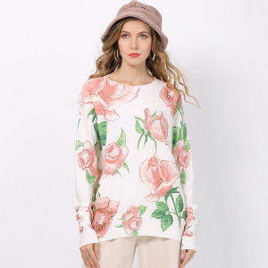 浪漫玫瑰印花針織毛衣長袖套頭大碼上衣