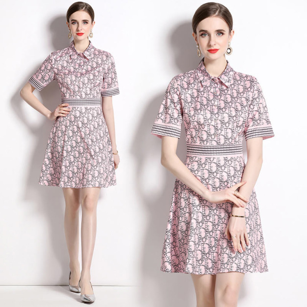 歐洲站時尚百搭收腰顯瘦字母印花短袖洋裝