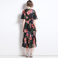 鬆緊腰荷葉邊短袖V領花朵印花雪紡洋裝_2