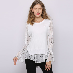 圓領針織衫星星印花喇叭袖洋氣拼接假兩件針織衫