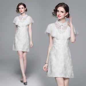 名媛輕奢復古優雅網紗拼接提花收腰顯瘦氣質短裙