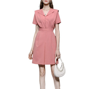 時尚氣質V領收腰顯瘦假兩件A字裙休閒通勤洋裝