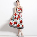 減齡時尚度假復古無袖抹胸吊帶玫瑰印花半身裙套裙_2