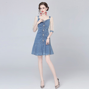 法式網紗氣質泡泡袖顯瘦收腰溫柔風牛仔洋裝