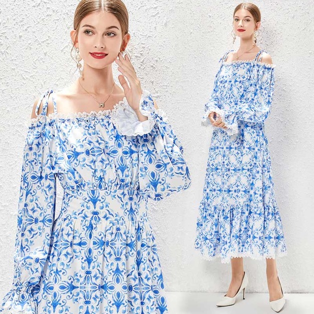 法式度假風優雅青花瓷印花長裙一字肩燈籠袖洋裝