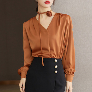 襯衫V領新款寬鬆緞面襯衣氣質高級感醋酸上衣