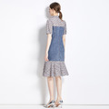 印花拼接裙子氣質牛仔繫帶法式中長版洋裝_2