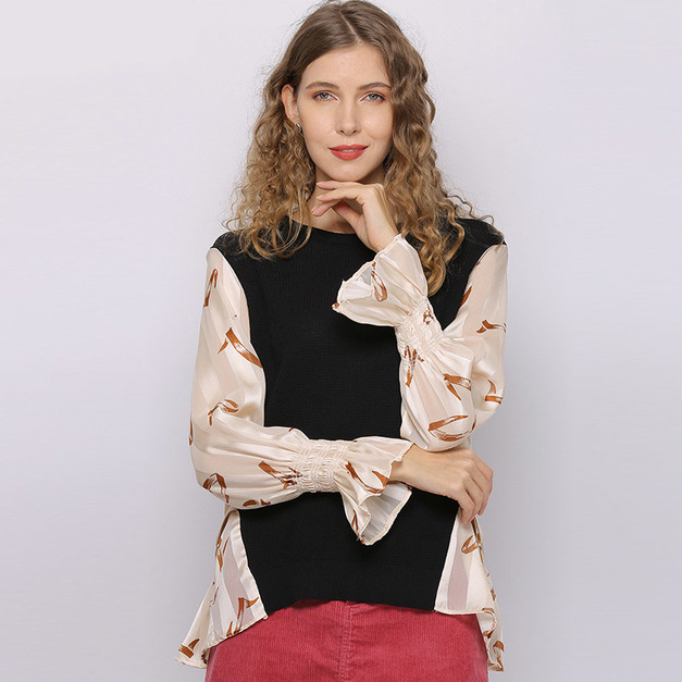 襯衫寬鬆長袖圓領印花甜美印花拼接針織衫上衣