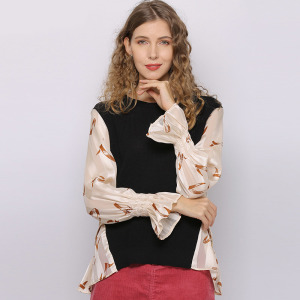 襯衫寬鬆長袖圓領印花甜美印花拼接針織衫上衣