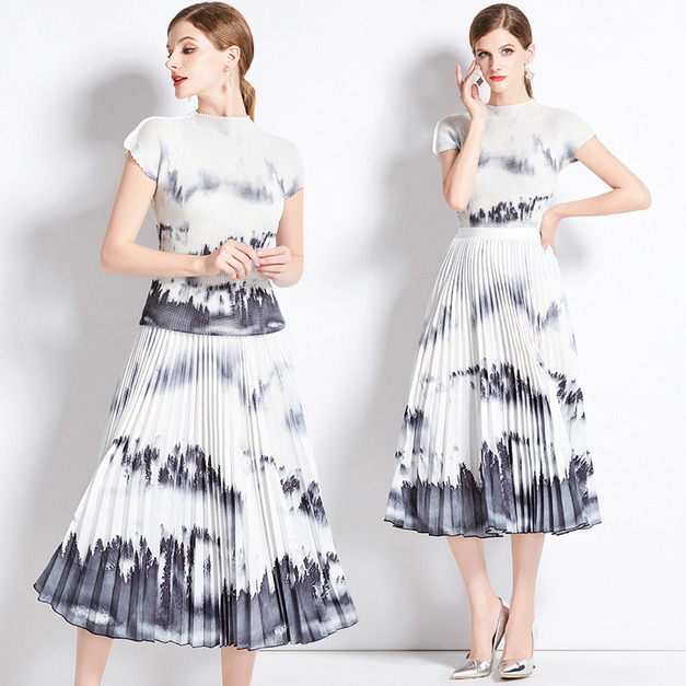 歐洲站三宅T恤高級感小眾減齡套裝皺褶寬鬆顯瘦